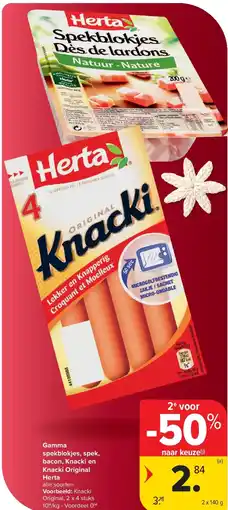 Carrefour Gamma spekblokjes, spek, bacon, Knacki en Knacki Original Herta aanbieding