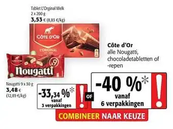 Colruyt Côte d`or alle nougatti, chocoladetabletten of -repen aanbieding