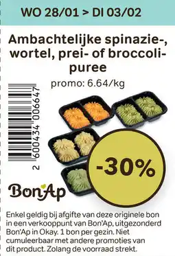 Bon Ap Ambachtelijke spinazie, wortel, prei of broccoli puree aanbieding