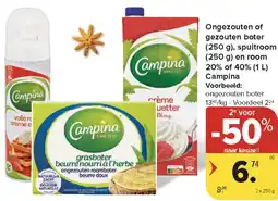 Carrefour Market Ongezouten of Gezouten Boter, Spuitroom en room 20% of 40% Campina aanbieding