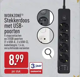 ALDI Workzone Stekkerdoos met USB Poorten aanbieding