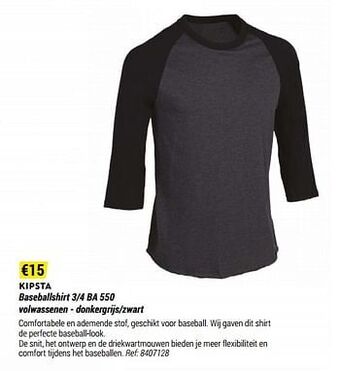 Decathlon Baseballshirt 3-4 ba 550 volwassenen - donkergrijs-zwart aanbieding