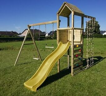 Dreamland BnB Wood schommel Alaska Adventure Commando met gele glijbaan aanbieding