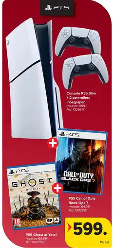 Carrefour Console PS5 Slim + 2 controllers inbegrepen + PS5 Ghost of Yotei + PS5 Call of Duty Black Ops 7 aanbieding