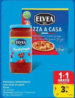 Carrefour Pastasaus, tomatenbasis voor pizza en pesto Elvea aanbieding