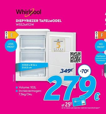 Krëfel Whirlpool Diepvriezer tafelmodel W55ZM112W 102L aanbieding