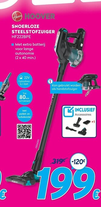 Krëfel Hoover Snoerloze steelstofzuiger HF222BPE aanbieding