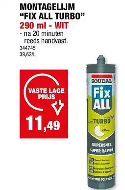 Hubo MONTAGELIJM “FIX ALL TURBO” 290 ml - WIT aanbieding