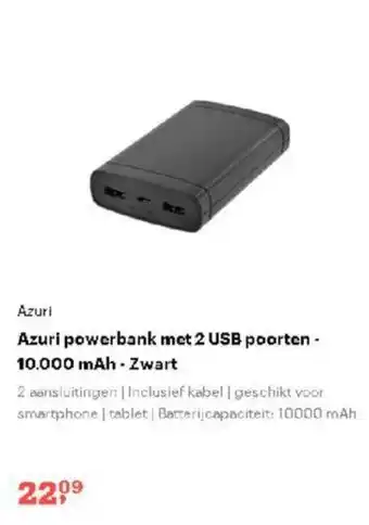 Azuri powerbank met 2 USB poorten-10.000 mAh - Zwart
