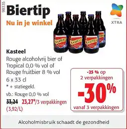 Colruyt Kasteel Rouge alcoholvrij bier of Tropical 0,0 % vol of Rouge fruitbier 8 % vol 6 x 33 cl aanbieding