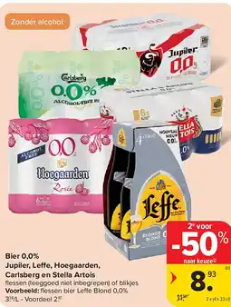 Carrefour Bier 0,0% Jupiler, Leffe, Hoegaarden, Carlsberg en Stella Artois aanbieding