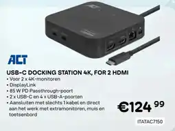 CompuDeals ACT USB-C docking station 4K, for 2 HDMI ITATAC7150 aanbieding