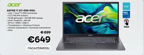 CompuDeals Acer aspire 17 A17-51M-513U ITACA1751M513U aanbieding