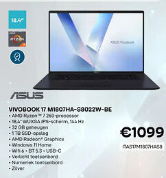 CompuDeals Asus vivobook 17 M1807HA-S8022W-BE ITAS17M1807HAS8 aanbieding