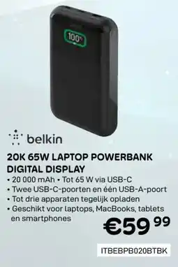 CompuDeals Belkin 20K 65W laptop powerbank digital display ITBEBPB020BTBK aanbieding