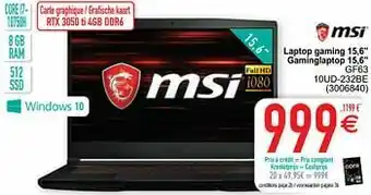 Cora Msi laptop gaming 15,6`` gaminglaptop 15,6`` gf63 10ud-232be aanbieding