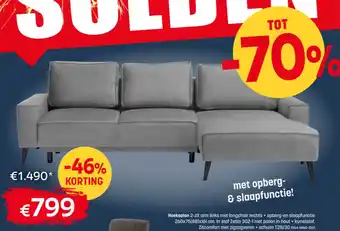 Hoeksalon 2-zit arm links met longchair rechts + opberg en slaapfunctie