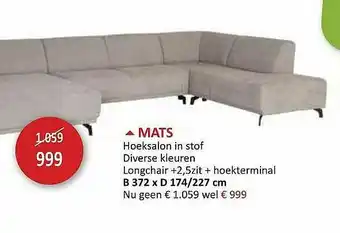 Weba Mats Hoeksalon In Stof Longchair +2.5zit + Hoekterminal B 372 X D 174 227 Cm aanbieding
