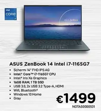 CompuDeals Asus zenbook 14 intel i7-1165g7 notas0000531 aanbieding