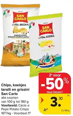 Carrefour Chips, koekjes taralli en grissini San Carlo aanbieding