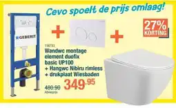Cevo Geberit Wandwc montage element duofix basic UP100 + Hangwc Nibiru rimless + drukplaat Wiesbaden aanbieding
