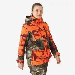 Decathlon Warme waterdichte geluidloze 3-in-1 jachtjas voor dames 500 camouflage fluo aanbieding