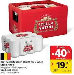 Carrefour Krat (24 x 25 cl) en blikjes (12 x 33 cl) Stella Artois aanbieding
