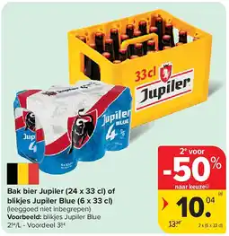 Carrefour Bak bier Jupiler (24 x 33 cl) of blikjes Jupiler Blue (6 x 33 cl) aanbieding