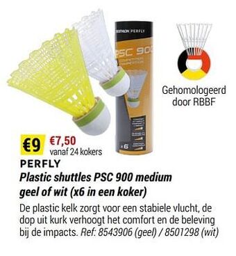 Decathlon Perfly plastic shuttles psc 900 medium geel aanbieding