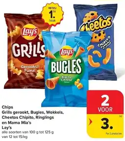 Carrefour Chips Grills gerookt, Bugles, Wokkels, Cheetos Chipito, Ringlings en Mama Mia's aanbieding