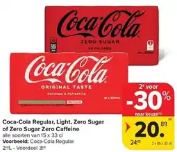 Carrefour Coca-Cola Regular, Light, Zero Sugar of Zero Sugar Zero Caffeine aanbieding