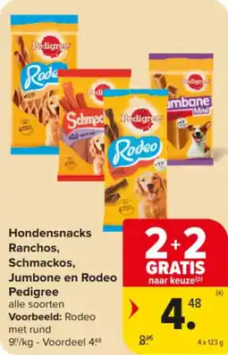 Carrefour Market Hondensnacks Ranchos, Schmackos, Jumbone en Rodeo Pedigree aanbieding