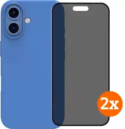 Coolblue BlueBuilt Back Cover iPhone 16 Bleu + Protège-écran avec Filtre de Confidentialité Verre Lot de 2 aanbieding