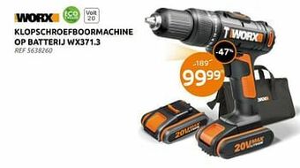Brico Worx klopschroefboormachine op batterij wx371.3 aanbieding