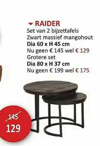 Raider Set Van 2 Bijzettafels Zwart Massief Mangohout Dia 60 X H 45 Cm Grotere Set Dia 80 X H 37 Cm