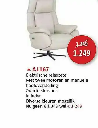 Weba A1167 Elektrische Relaxzetel Met Twee Motoren En Manuele Hoofdverstelling Zwarte Stervoet In Leder aanbieding