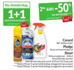 Intermarché Canard WC-blokje of gel, Pledge Spray en houtreiniger of Shout aanbieding