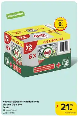Carrefour Vaatwascapsules Platinum Plus citroen Giga Box Dreft aanbieding