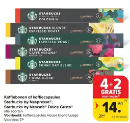 Carrefour Koffiebonen of ko ecapsules Starbucks by Nespresso , Starbucks by Nescafé Dolce Gusto aanbieding
