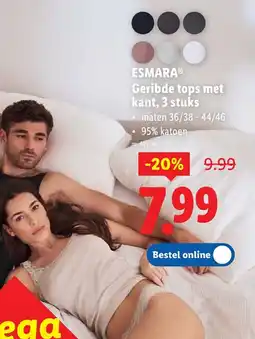 Lidl Geribde tops met kant, 3 stuks aanbieding