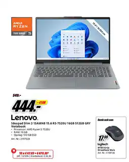 MediaMarkt Lenovo Ideapad Slim 3 15AMN8 15.6 R5-7520U 16GB 512GB GRY Notebook aanbieding