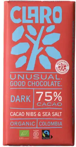 Albert Heijn Claro Reep 75% dark cacao nibs & seasalt aanbieding
