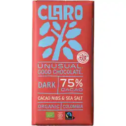 Albert Heijn Claro Reep 75% dark cacao nibs & seasalt aanbieding