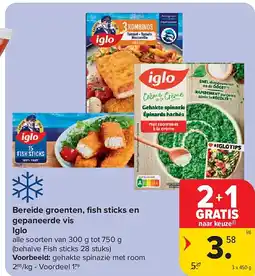 Carrefour Bereide groenten, fi sh sticks en gepaneerde vis Iglo aanbieding