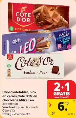 Carrefour Market Chocoladetablet, blok en carrés Côte d'Or en chocolade Milka Leo aanbieding