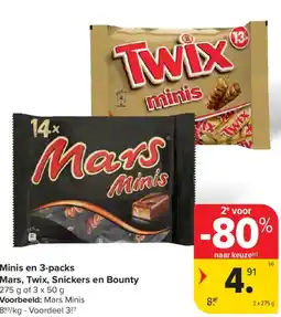 Carrefour Market Minis en 3-packs Mars, Twix, Snickers en Bounty aanbieding
