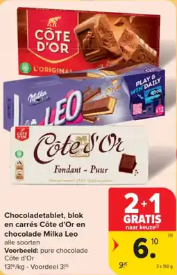 Carrefour Market Chocoladetablet blok en carrés côte d'or en chocolade milka leo aanbieding