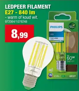 Hubo Philips Ledpeer Filament E27 - 840 Im aanbieding