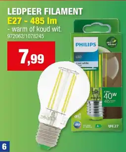 Hubo Philips Ledpeer Filament E27 - 485 Im aanbieding