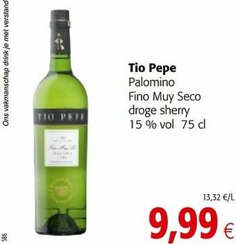 Colruyt Tio pepe palomino fino muy seco droge sherry aanbieding